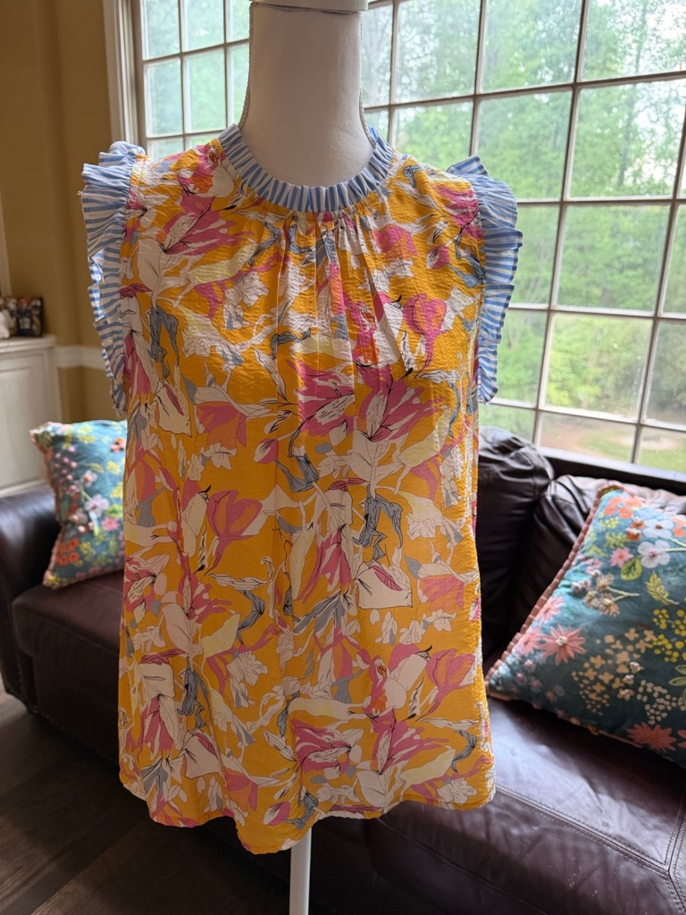 THML Yellow Floral Sleeveless Ruffle Shoulder & Neck